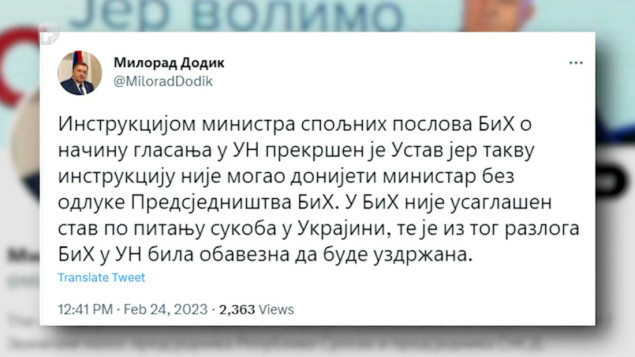 Dodik negodovao zbog načina glasanja BiH u UN-u