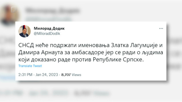 Dodik: SNSD neće podržati Lagumdžiju i Arnauta za ambasadore