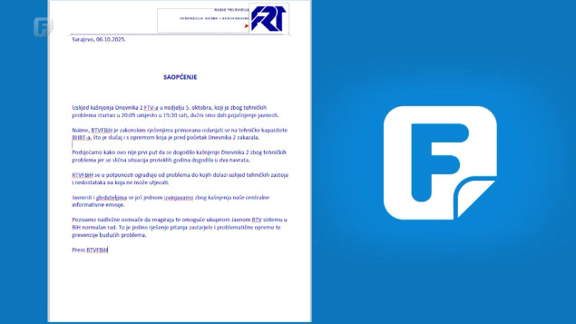 RTVFBiH se izvinjava i ograđuje zbog kašnjenja Dnevnika 2, razlog su tehnički problemi