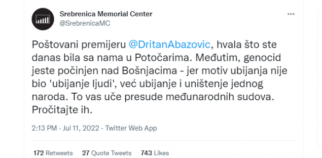 Reagiranje na govor Abazovića: Genocid jeste počinjen nad Bošnjacima