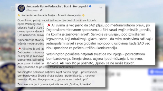 Ambasada Rusije oštro kritikovala posljednje američke sankcije za zvaničnike RS-a