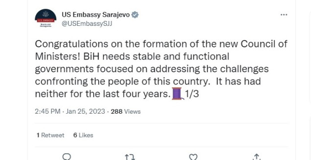 "Čestitamo novom sazivu, BiH treba stabilnu funkcionalnu vladu kakvu u protekle četiri godine nije imala"