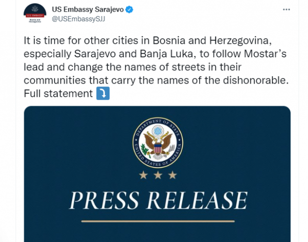 Ambasada SAD-a: Vrijeme je da i drugi gradovi slijede primjer Mostara i promijene imena ulica