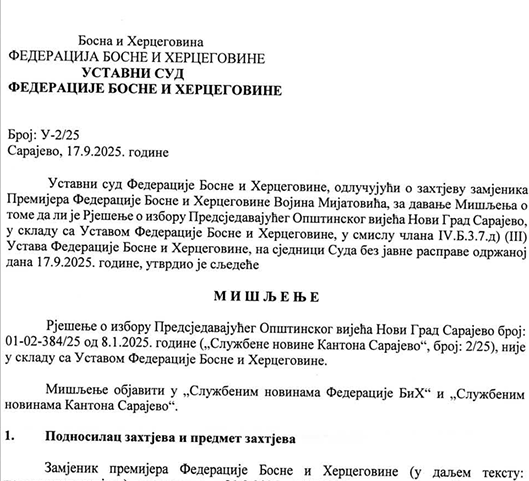 Ustavni sud FBiH poništio imenovanje rukovodstva Općinskog vijeća Novi Grad