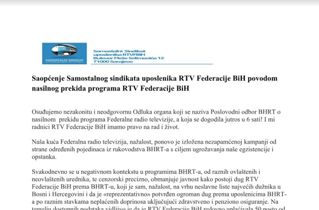 Samostalni sindikat uposlenika RTV FBiH poziva na proteste i reakciju javnosti