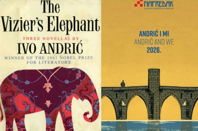 Napretkov kalendar s fotografijama naslovnica Andrićevih knjiga iz "Zbirke Sesar"