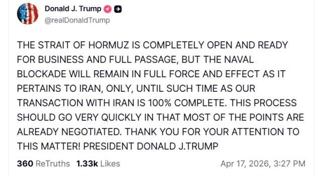 Trump: Hormuški moreuz otvoren, ali blokada protiv Irana ostaje do konačnog dogovora