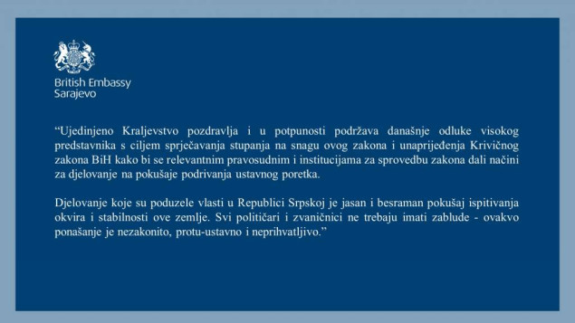 Ambasada Ujedinjenog Kraljevstva podržala odluke visokog predstavnika
