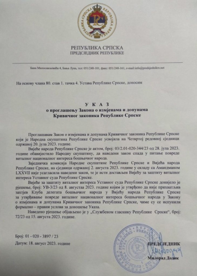 Dodik potpisao novi Ukaz, na snagu stupa kriminalizacija klevete