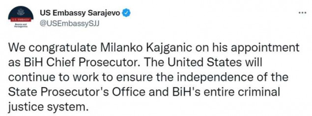 Američka ambasada pozdravila imenovanje Kajganića za glavnog tužioca državnog tužilastva BiH