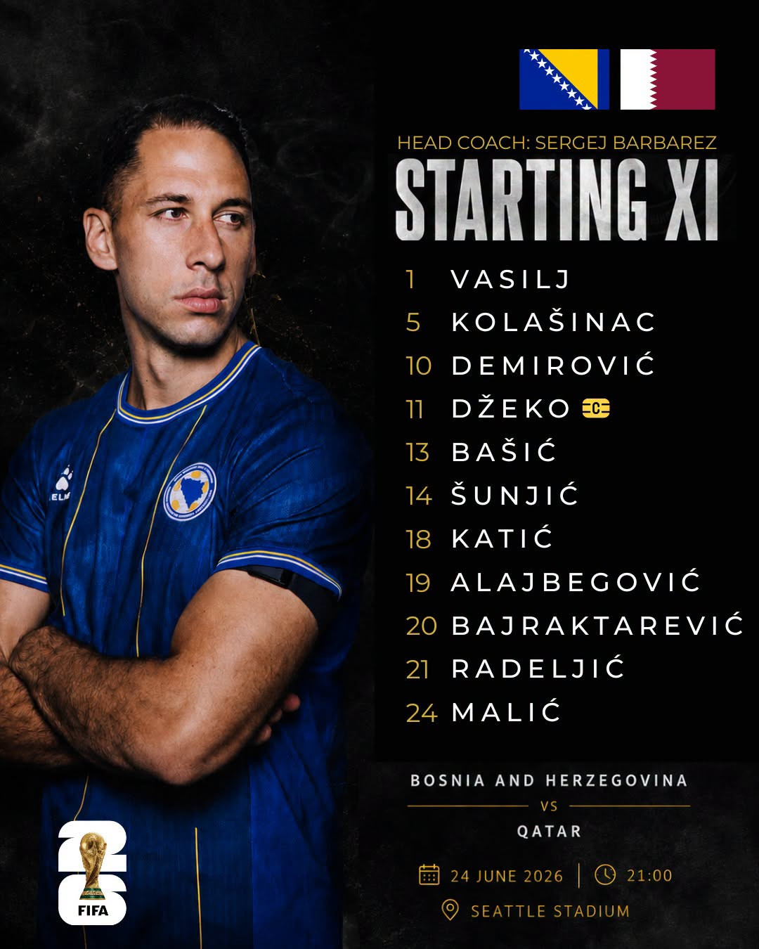 Poznata startna postava reprezentacije BiH za duel sa Katarom