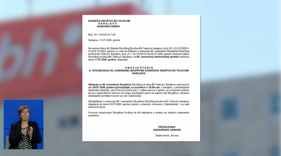 Otkazana sjednica Skupštine BH Telecoma