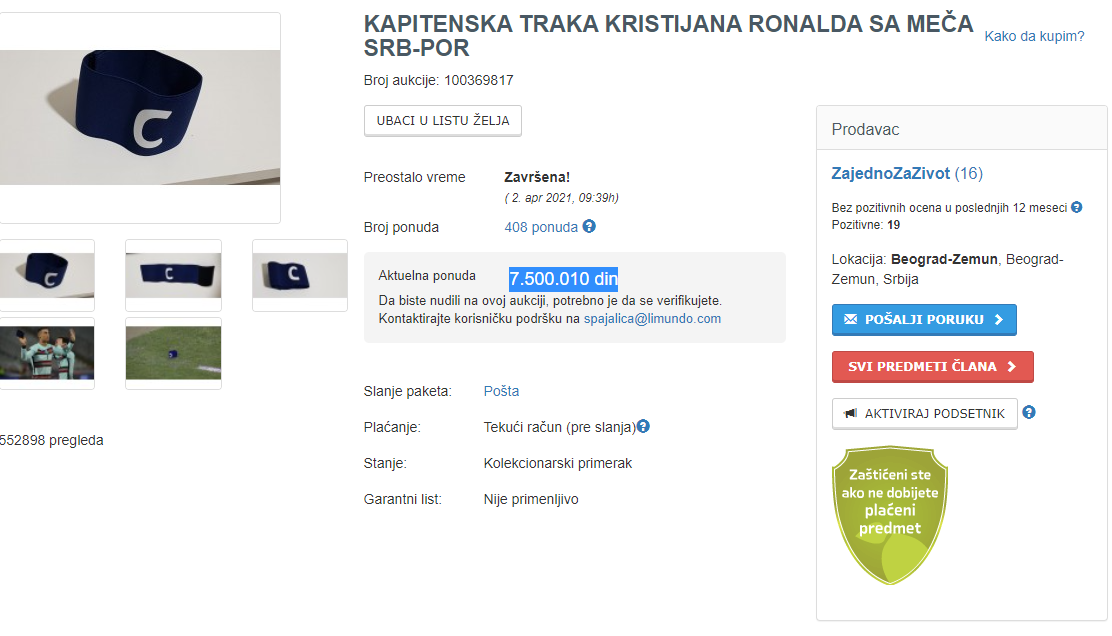 Kraj aukcije za Ronaldovu traku: Prodana za više od 60 hiljada eura