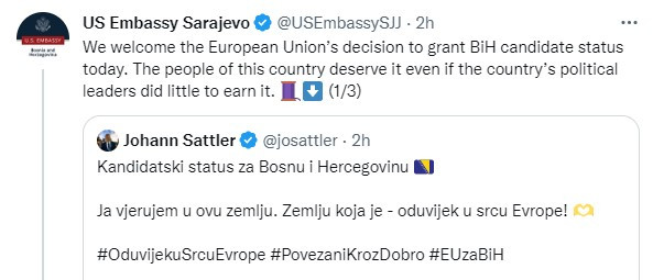 Veleposlanstvo SAD-a u BiH pozdravilo odluku EU o kandidacijskom statusu za EU