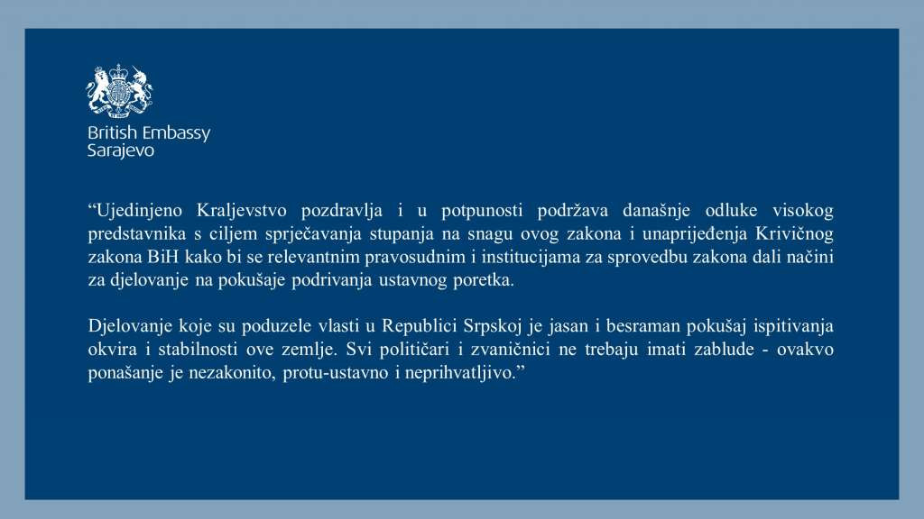 Ambasada Ujedinjenog Kraljevstva podržala odluke visokog predstavnika