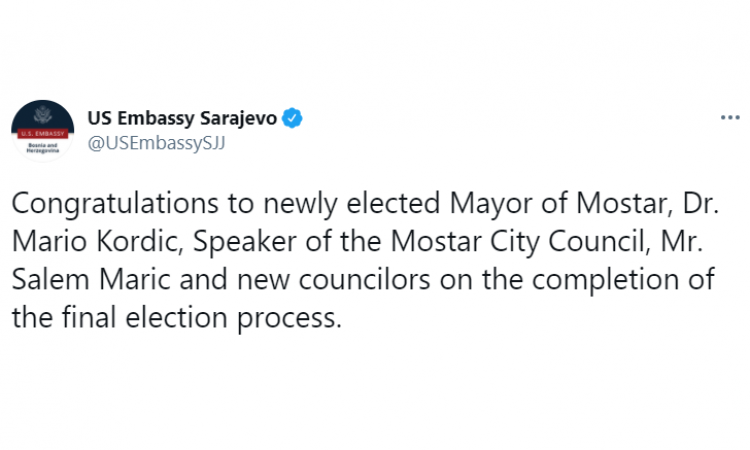Američka ambasada čestitala Kordiću pobjedu na izborima u Mostaru