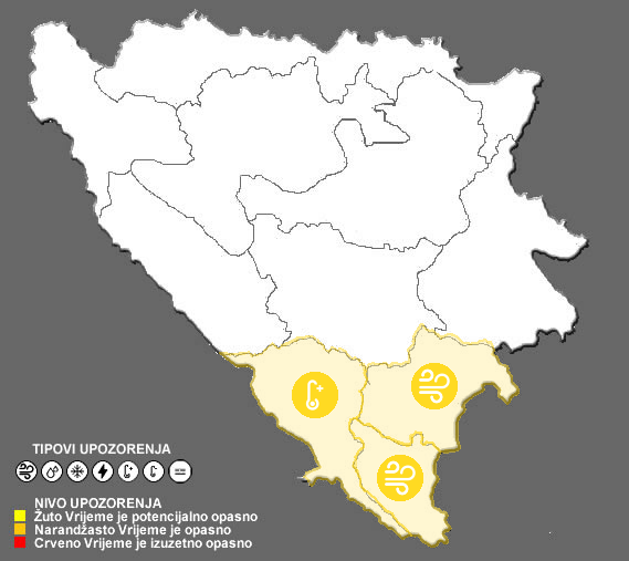Zbog visokih dnevnih temperatura i jakog vjetra u Hercegovini na snazi žuto upozorenje